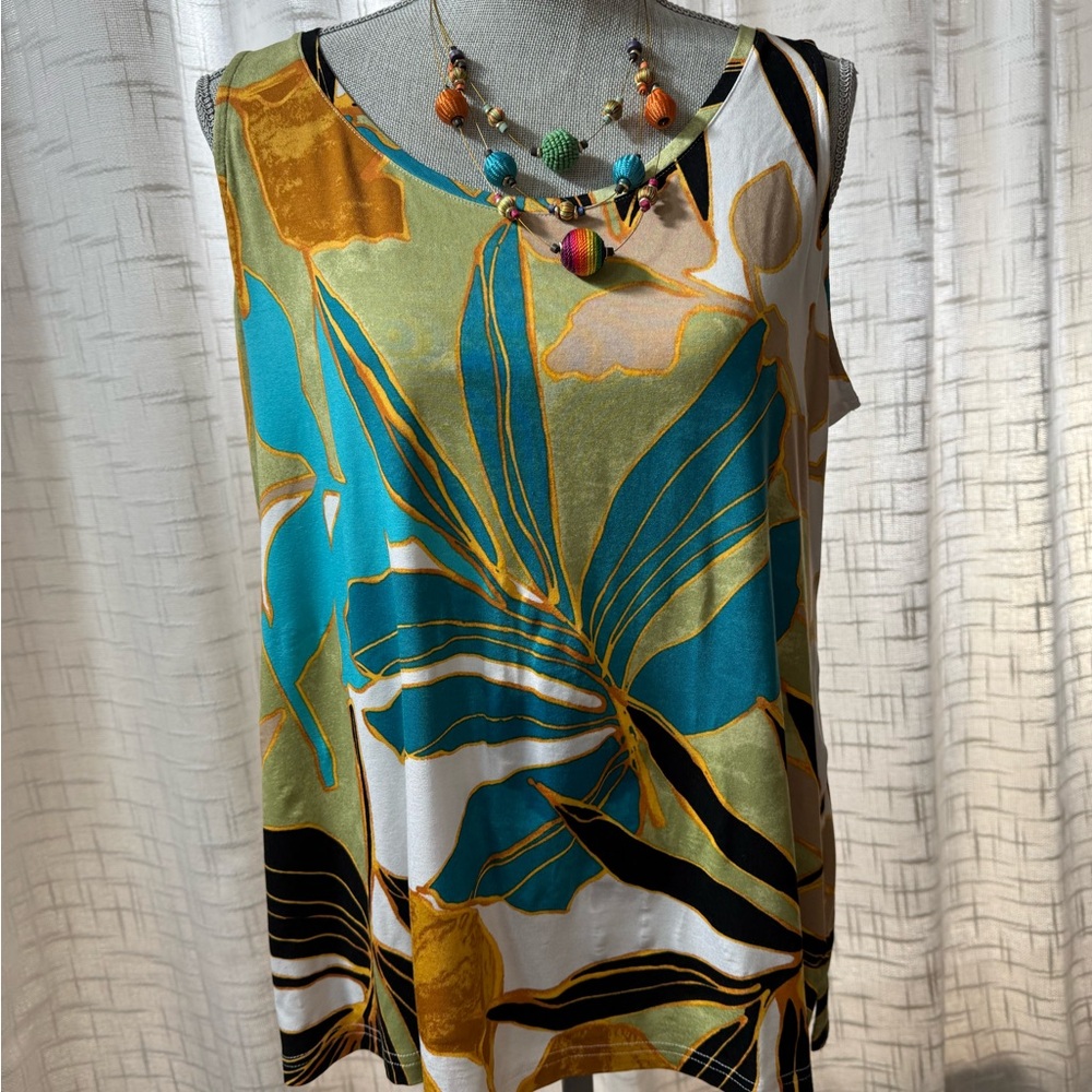 Chico's Graphic Blue and Gold Sleeveless Top